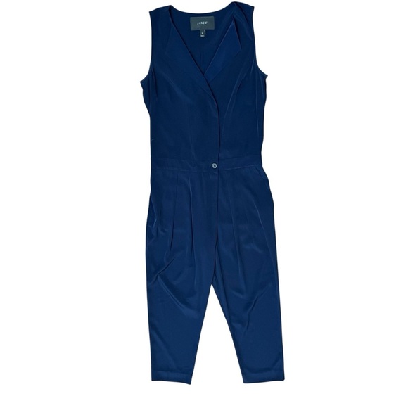 J.Crew Navy Blue Trench Jumpsuit One Piece Pants Crop Silky Sz 2 Pockets Career - Picture 5 of 12